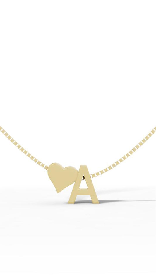 14K Solid Gold Initial 'A' & Heart Personalised Pendant