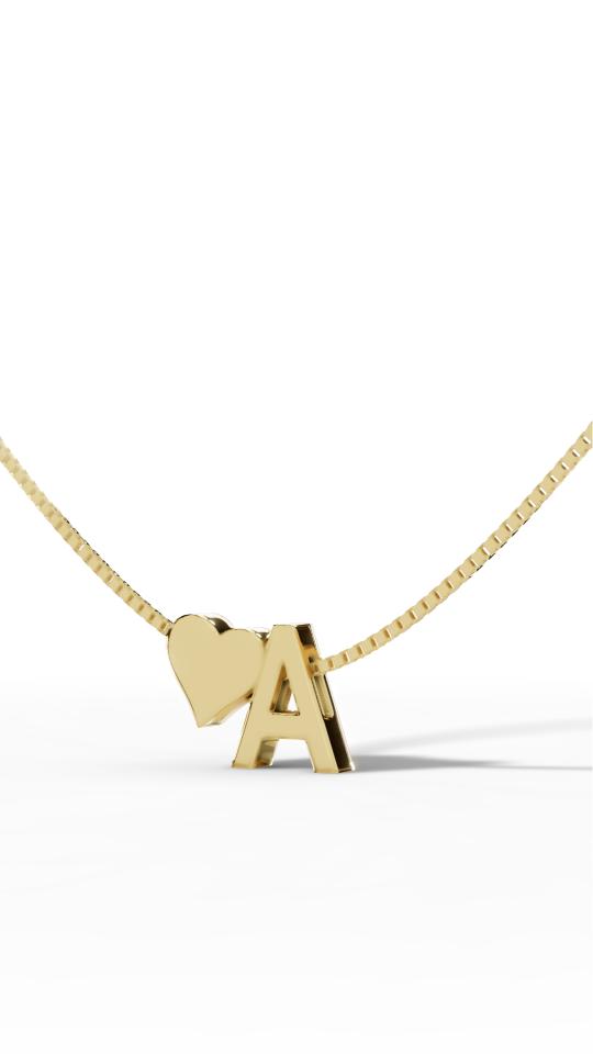 14K Solid Gold Initial 'A' & Heart Personalised Pendant