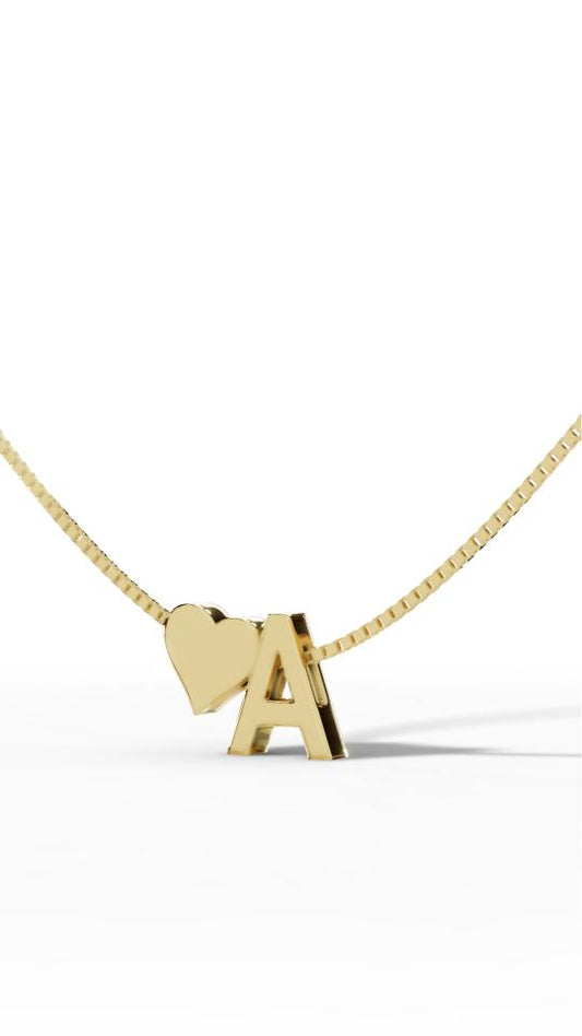 14K Solid Gold Initial 'A' & Heart Personalised Pendant