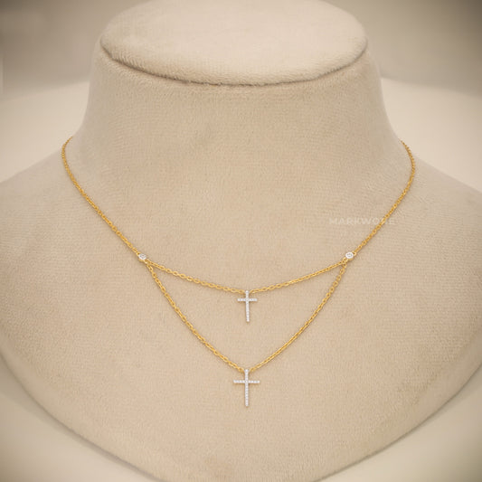 14KT Solid Gold Layered Double Cross Pendant Necklace