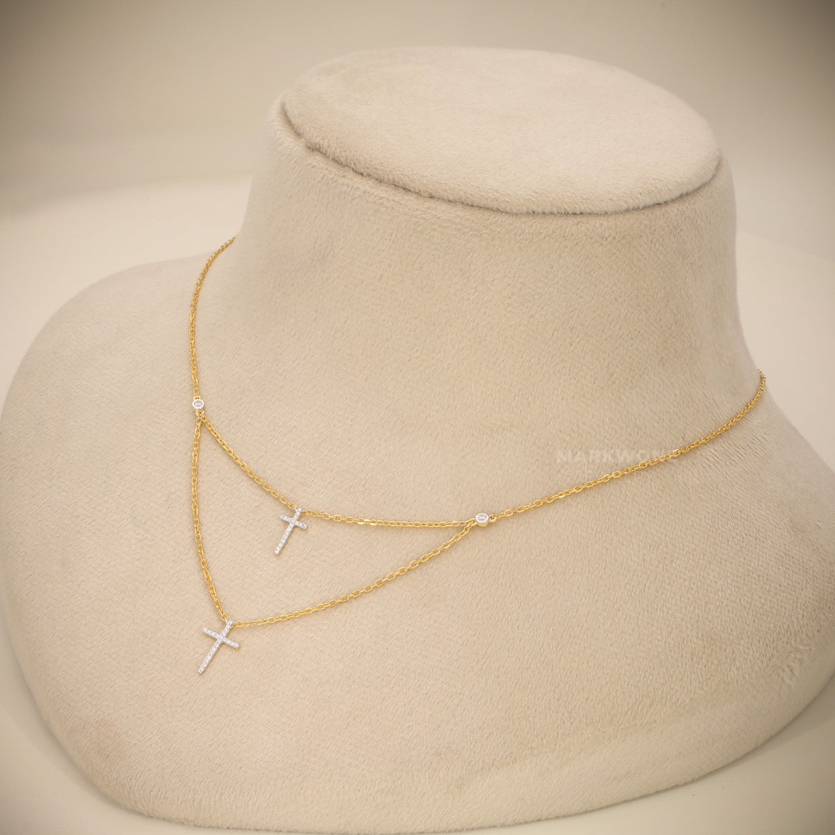 14KT Solid Gold Layered Double Cross Pendant Necklace