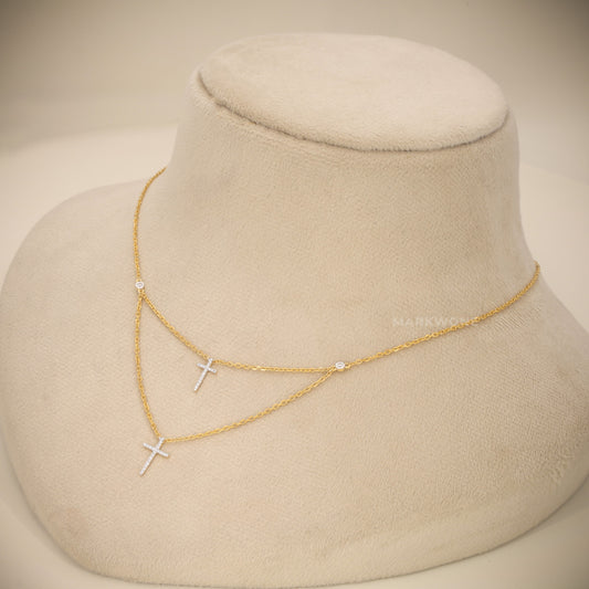 14KT Solid Gold Layered Double Cross Pendant Necklace