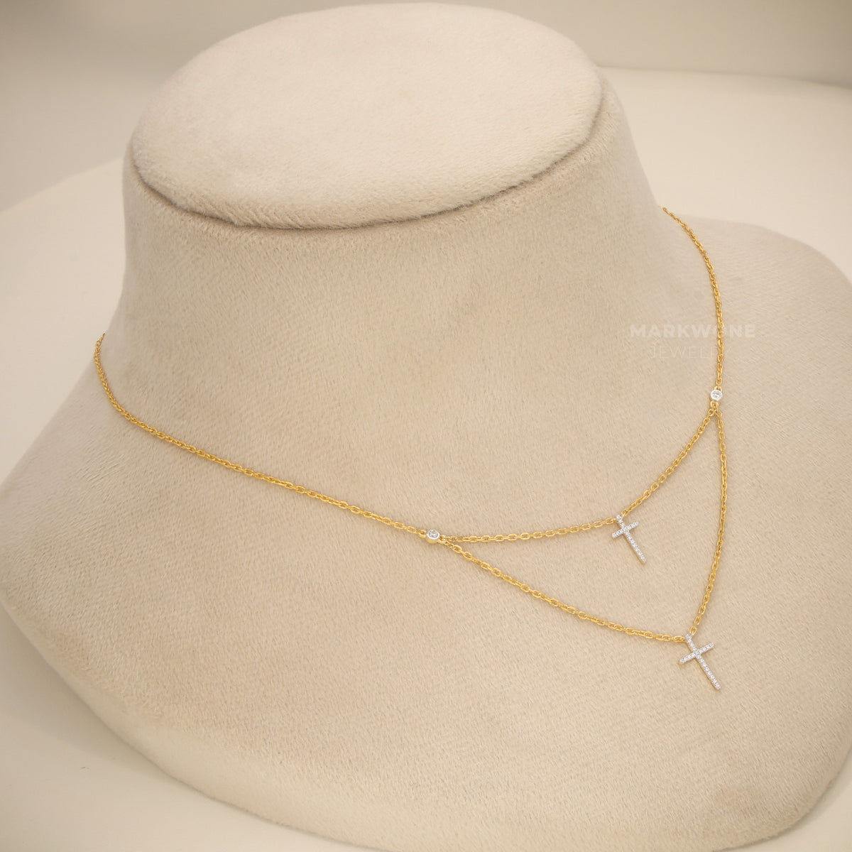 14KT Solid Gold Layered Double Cross Pendant Necklace