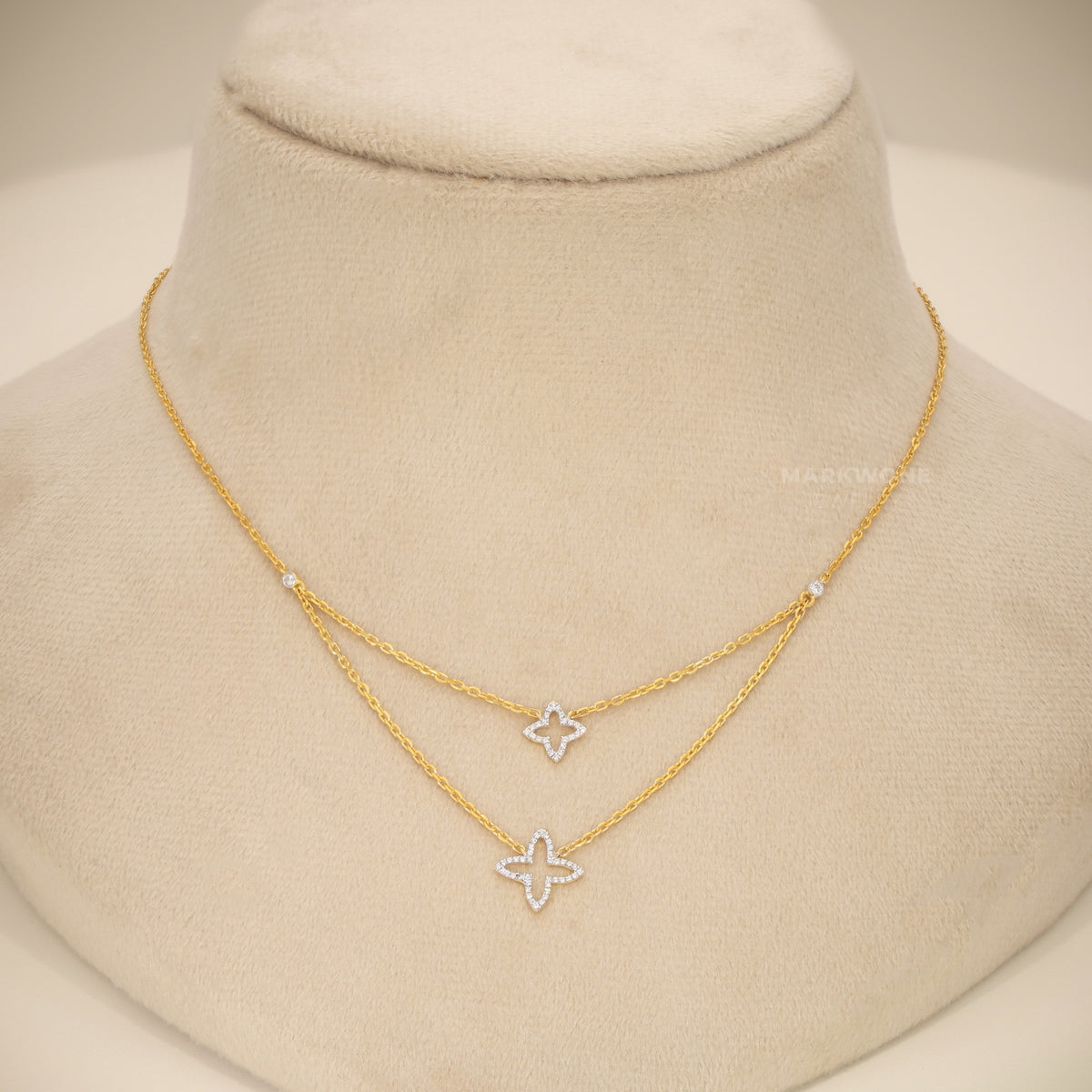 14KT Solid Gold Layered Double Four-Point Starburst Pendant Necklace