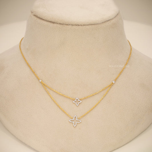 14KT Solid Gold Layered Double Four-Point Starburst Pendant Necklace