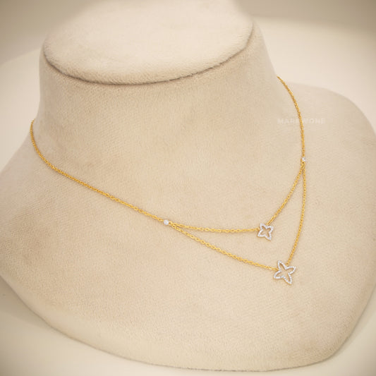 14KT Solid Gold Layered Double Four-Point Starburst Pendant Necklace