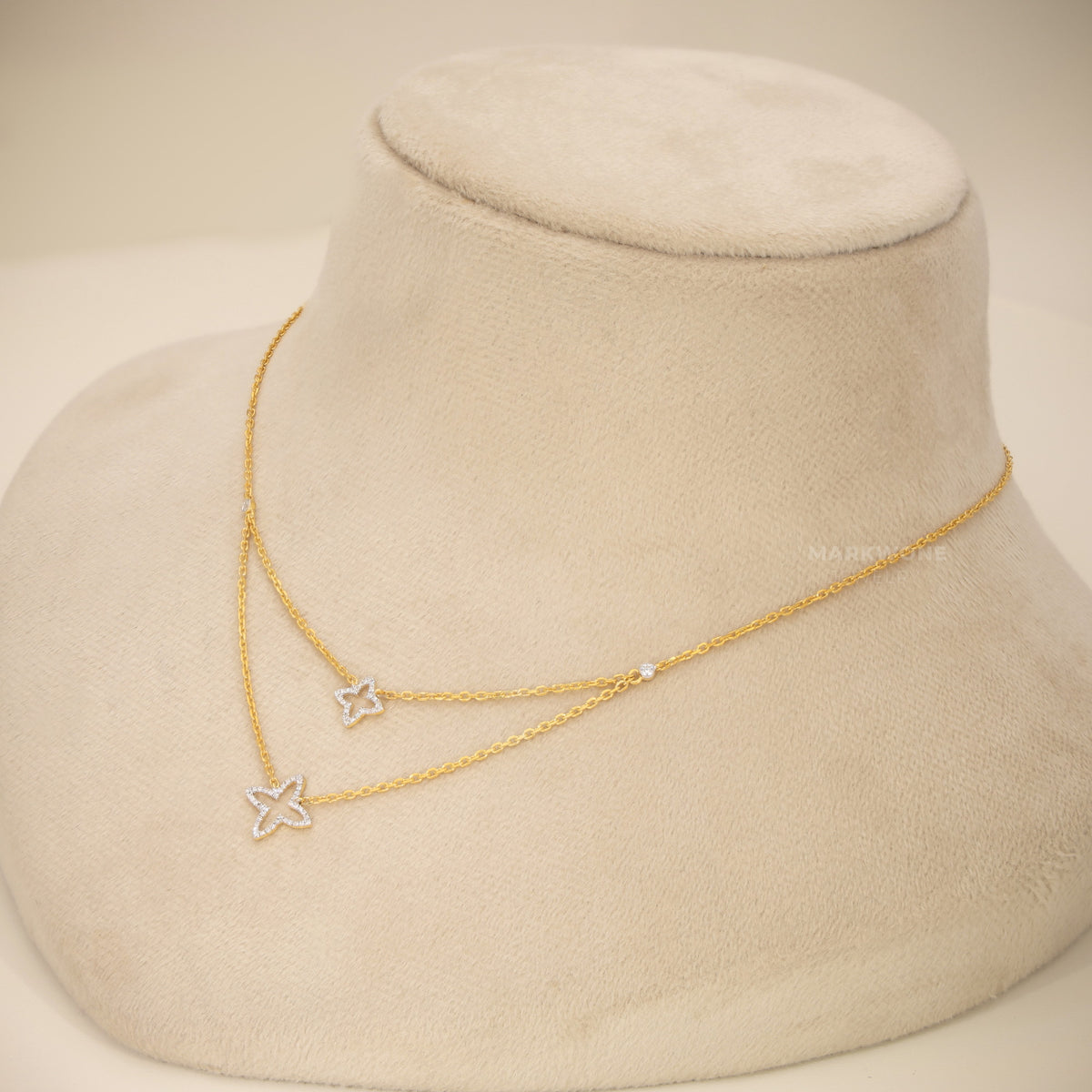 14KT Solid Gold Layered Double Four-Point Starburst Pendant Necklace
