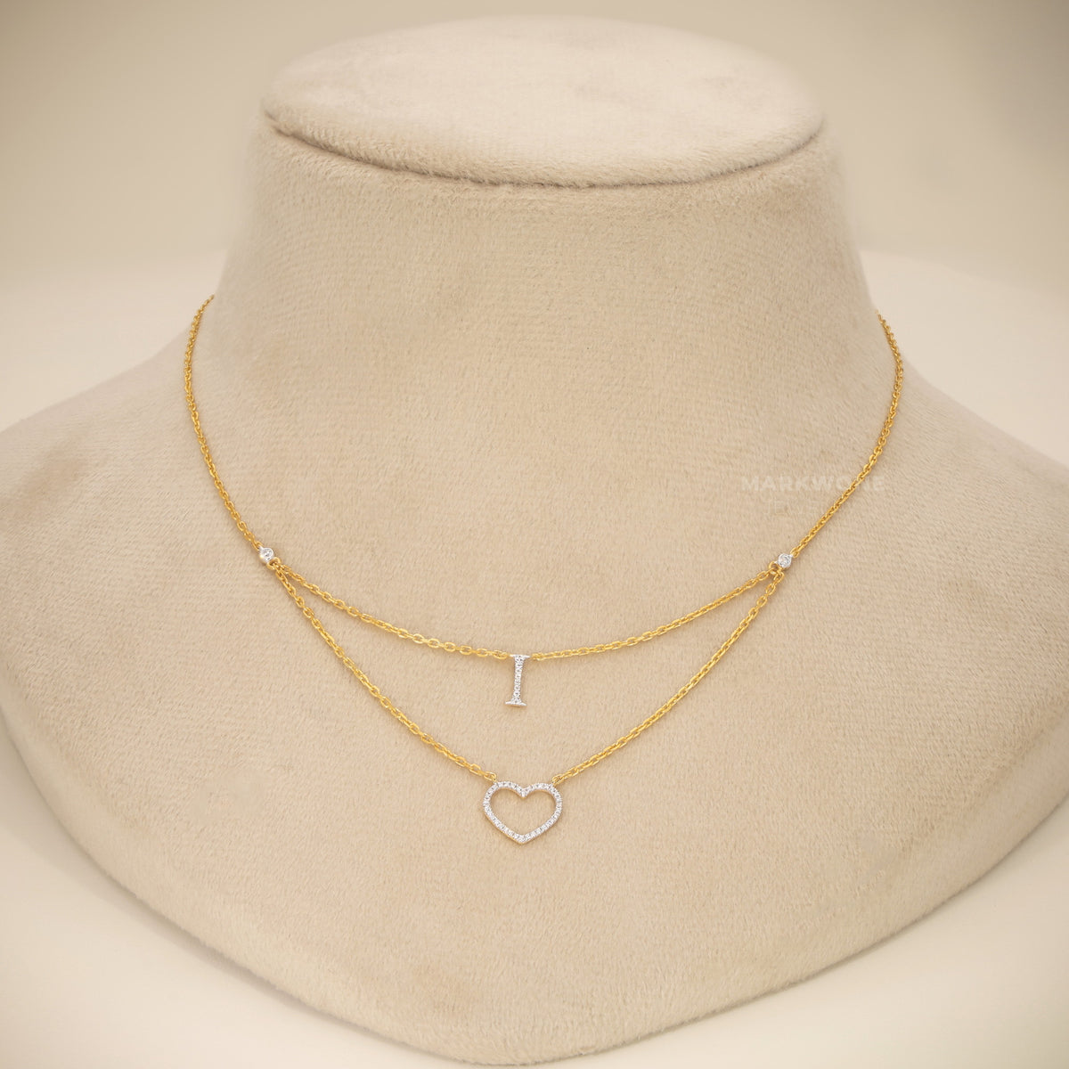 14KT Solid Gold Layered Open Heart & Solitaire Drop Pendant Necklace