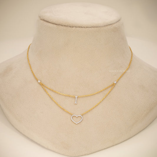 14KT Solid Gold Layered Open Heart & Solitaire Drop Pendant Necklace