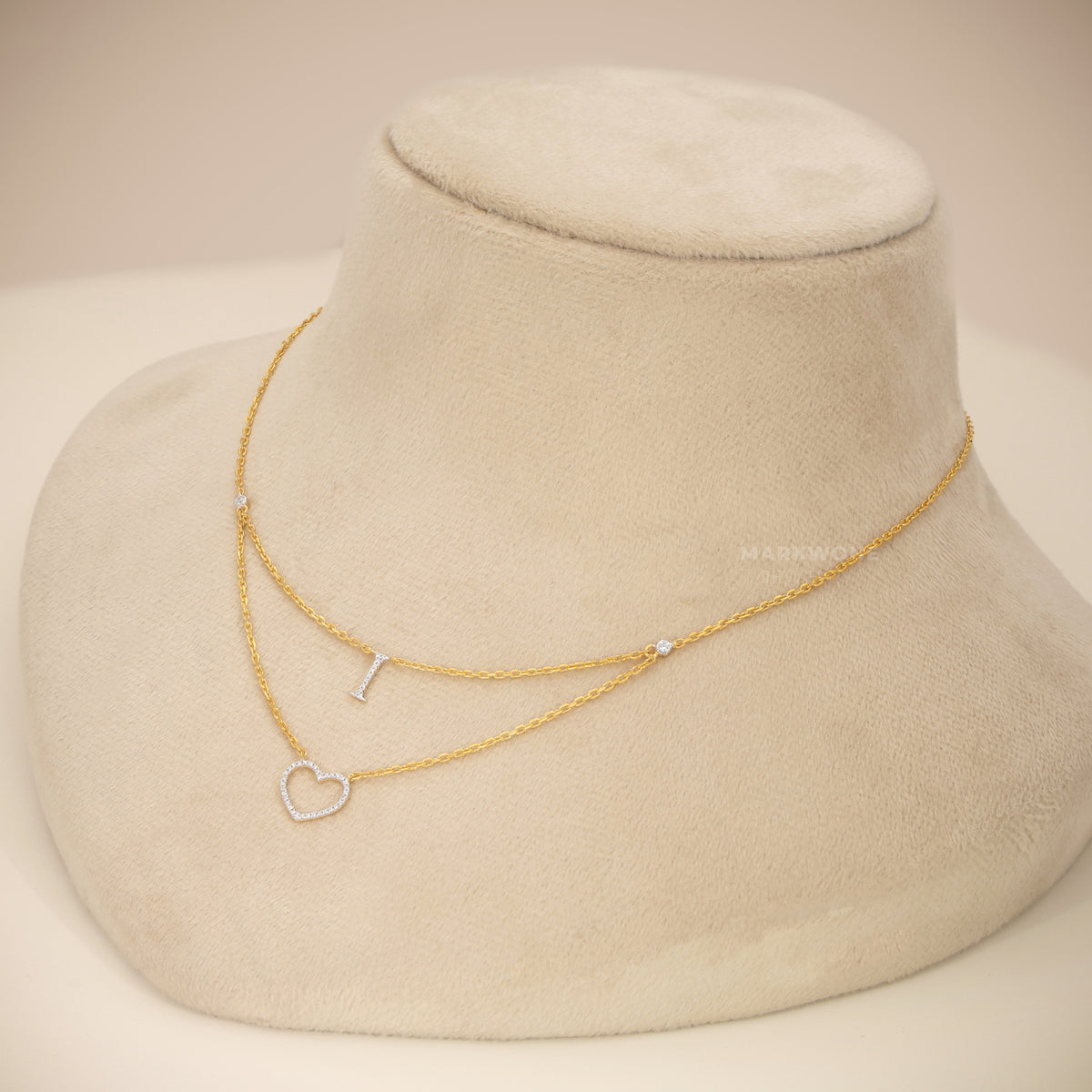 14KT Solid Gold Layered Open Heart & Solitaire Drop Pendant Necklace