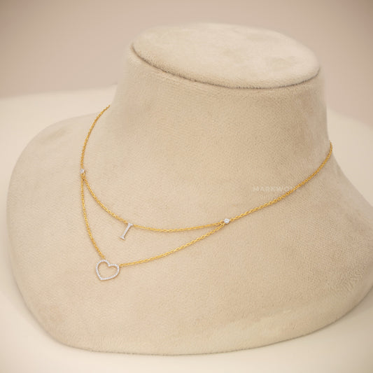 14KT Solid Gold Layered Open Heart & Solitaire Drop Pendant Necklace