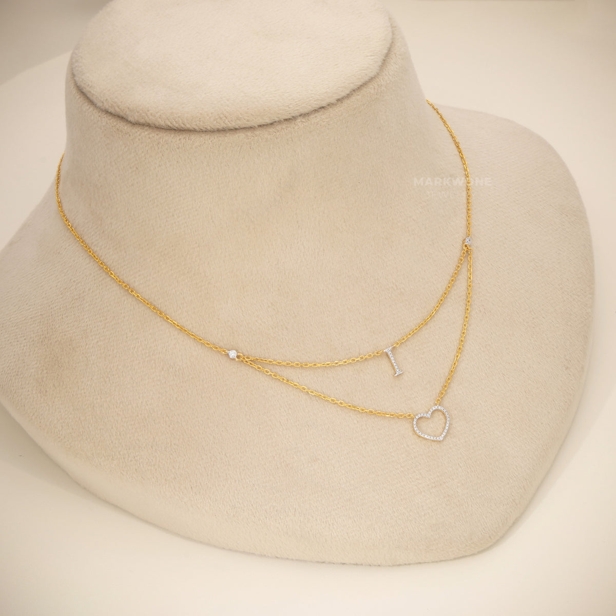 14KT Solid Gold Layered Open Heart & Solitaire Drop Pendant Necklace