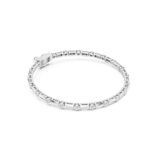 Bezel Bar Set Alternating Baguette Round Diamond Line Bracelet in 925 Sterling Silver