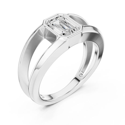 Bezel Set Emerald Cut Split Shank Lab Grown Diamond Ring in 925 Silver