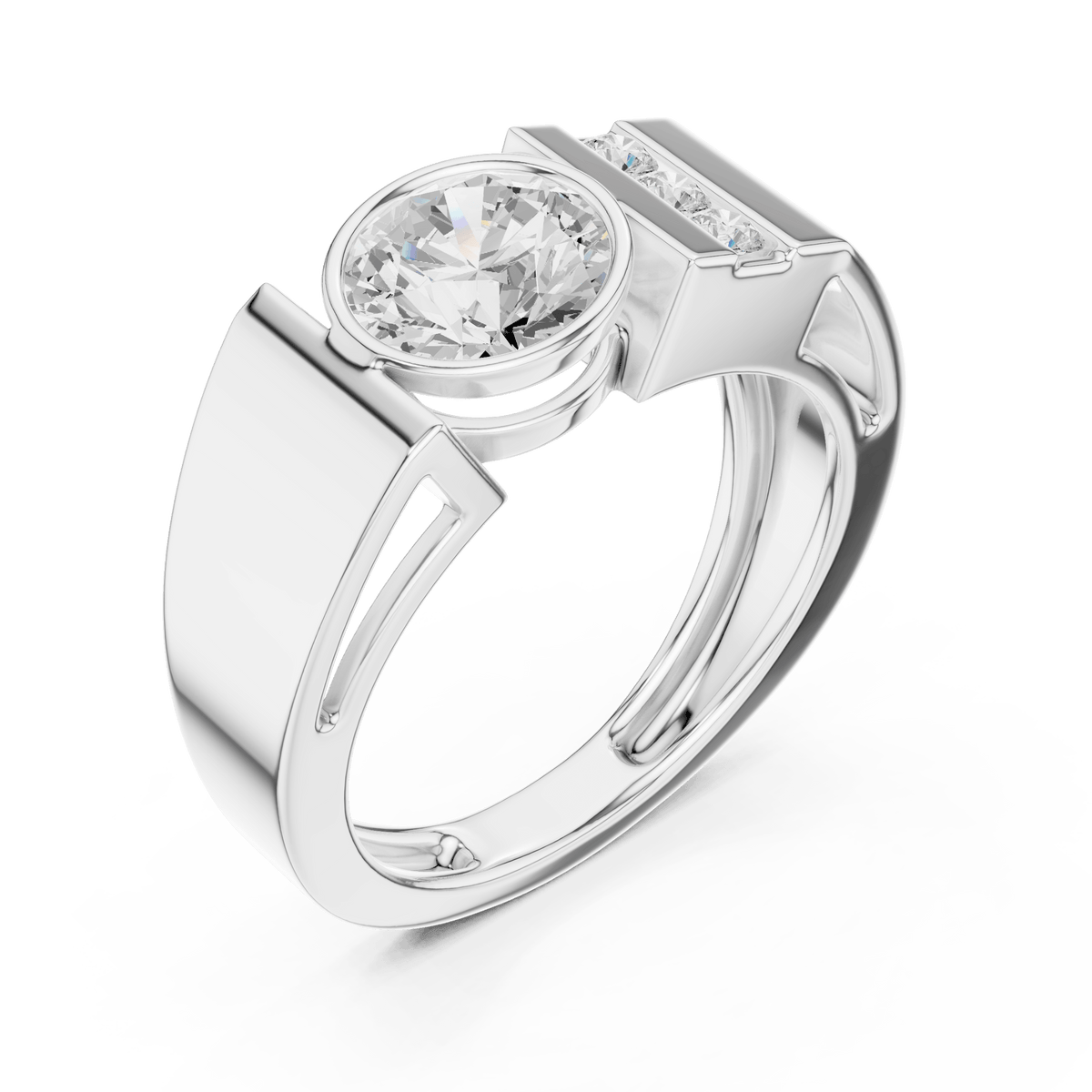 Round Bezel Set Lab Grown Diamond Ring with Side Channel Accents in 925 Silver