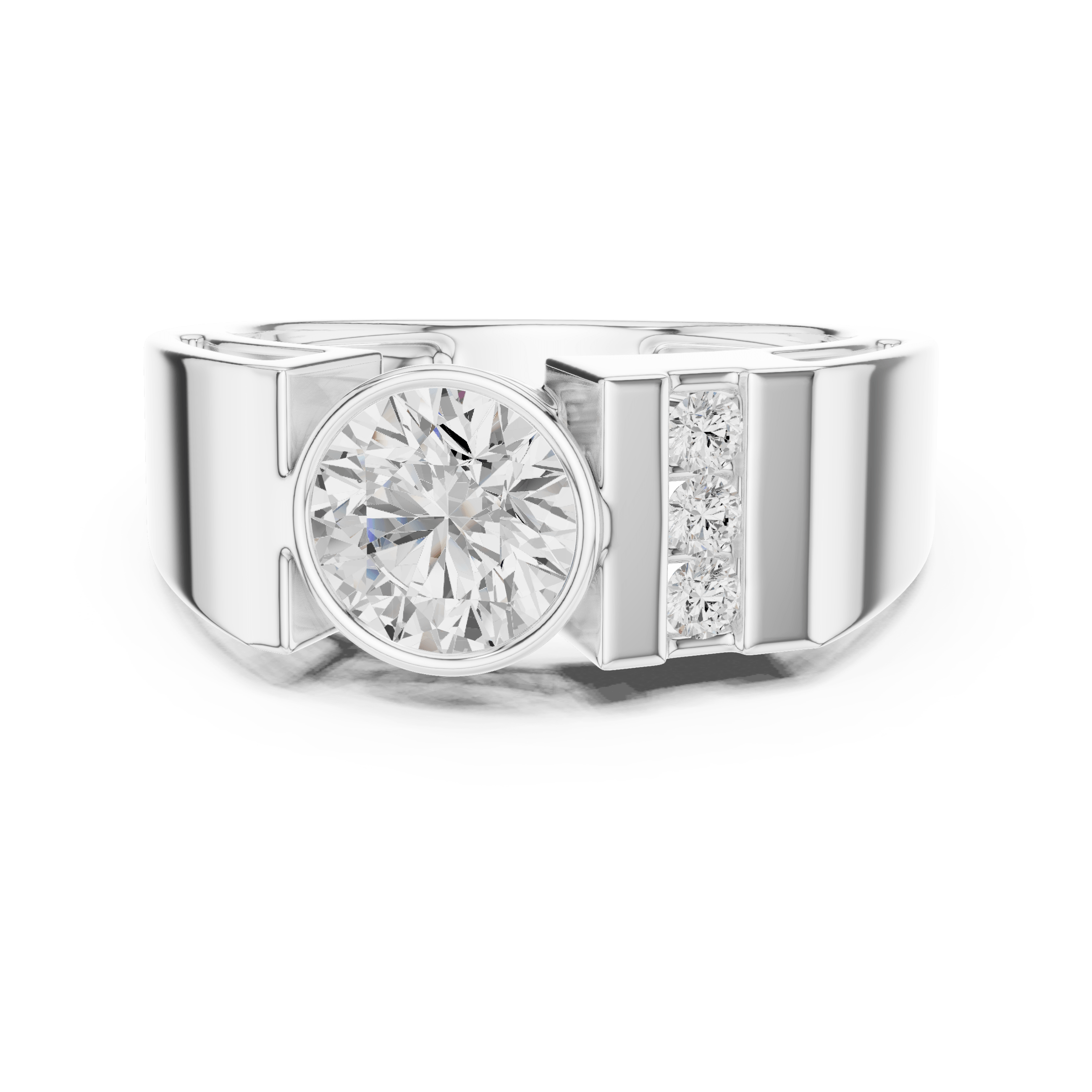 Round Bezel Set Lab Grown Diamond Ring with Side Channel Accents in 925 Silver