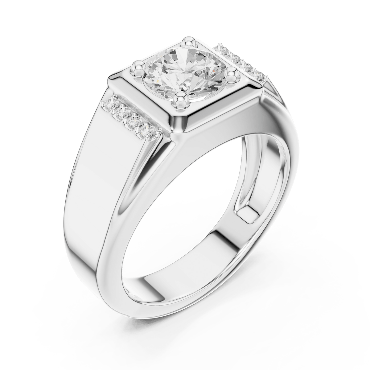 Square Bezel Round Lab Grown Diamond Ring with Pave Side Accents in 925 Silver