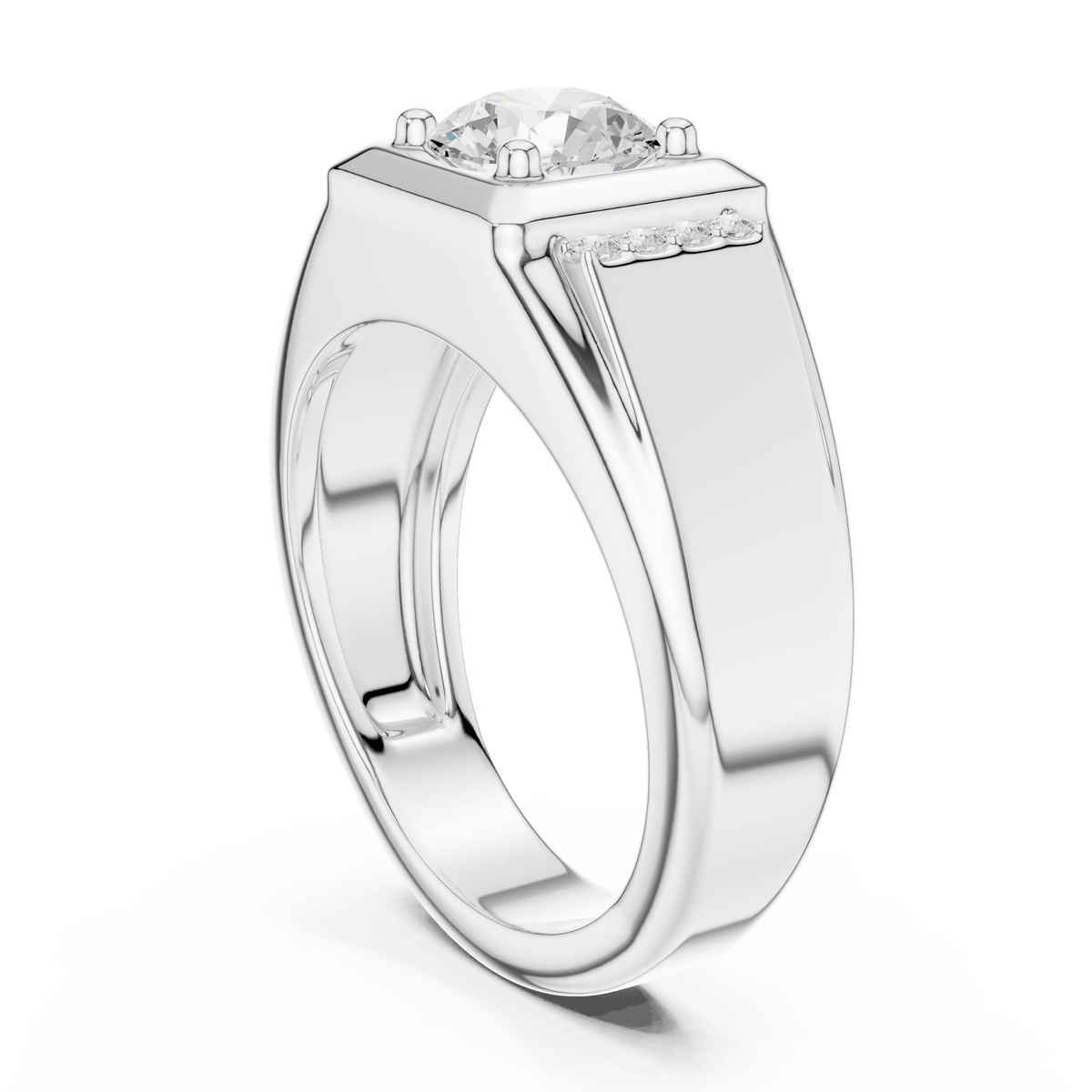 Square Bezel Round Lab Grown Diamond Ring with Pave Side Accents in 925 Silver