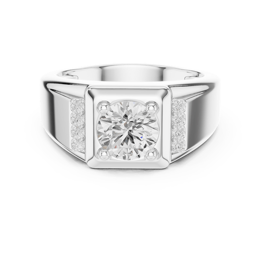 Square Bezel Round Lab Grown Diamond Ring with Pave Side Accents in 925 Silver
