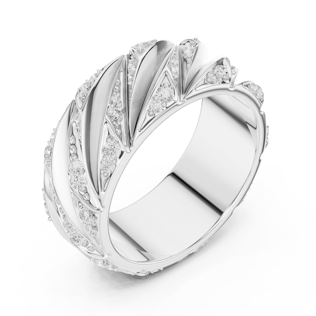 Sculpted Fluted Diagonal Pave Lab Grown Diamond Wide Ring in 925 Silver
