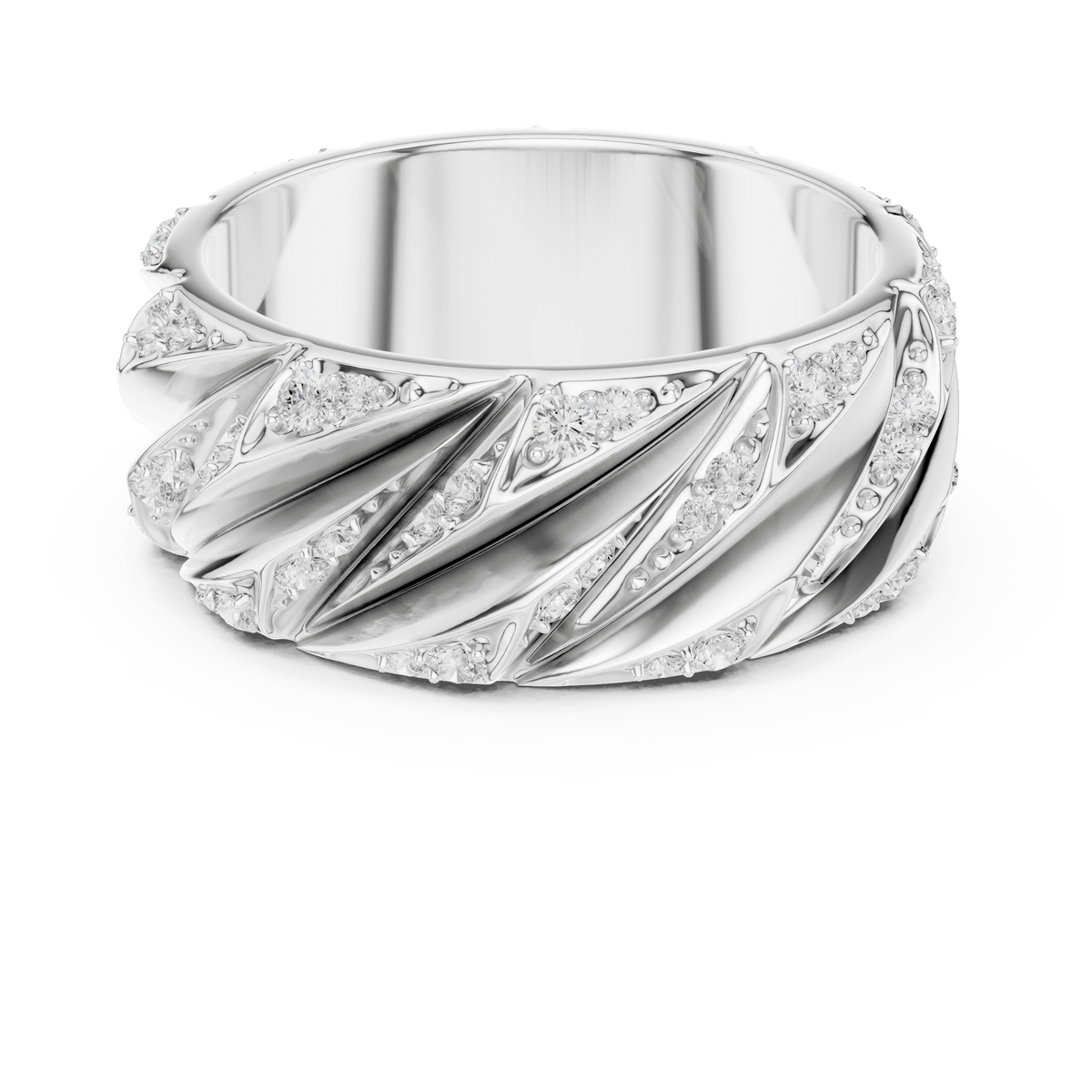 Sculpted Fluted Diagonal Pave Lab Grown Diamond Wide Ring in 925 Silver