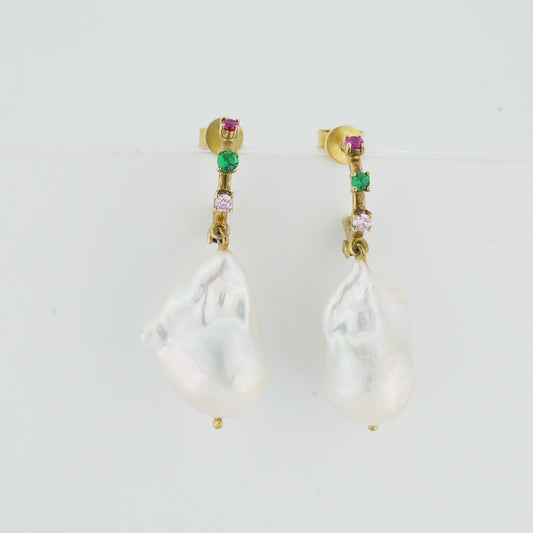 14K Solid Gold Multi-Gemstone Baroque Pearl Drop Open Hoop Earrings